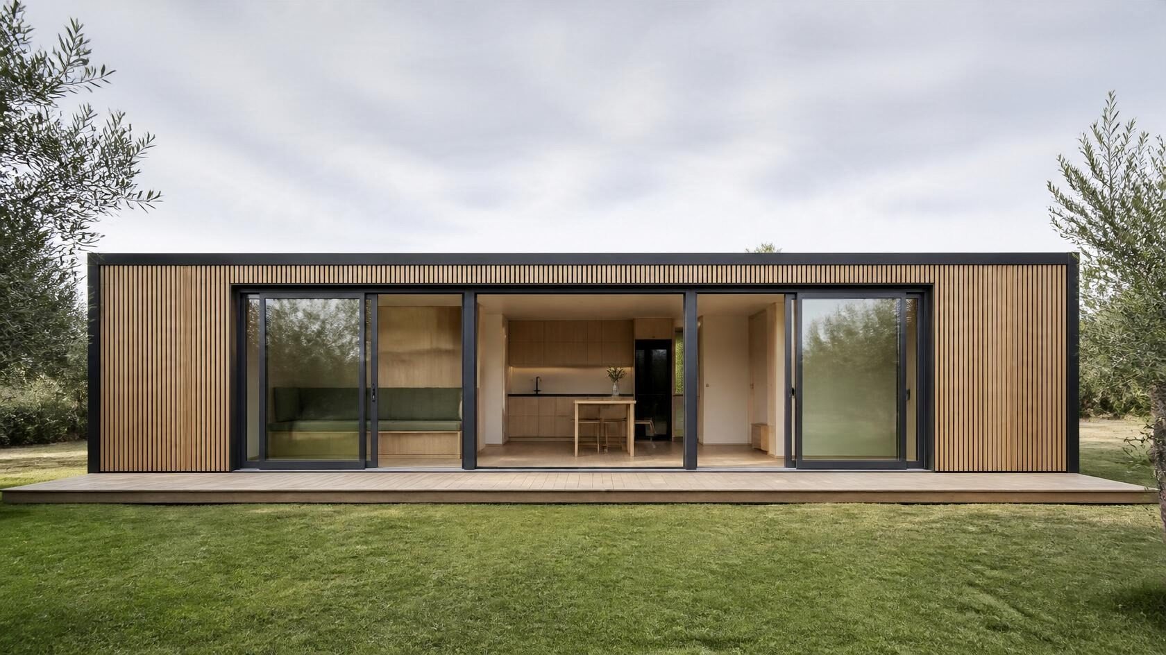 Casa modular CUBOLAR 40 com revestimento de ripado de madeira e grandes portas de correr envidraçadas abertas sobre um deck, num relvado com oliveiras