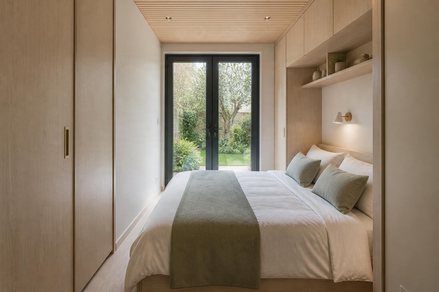 Quarto compacto com cama de casal, roupeiros em madeira clara, prateleiras sobre a cama e porta envidraçada para o jardim
