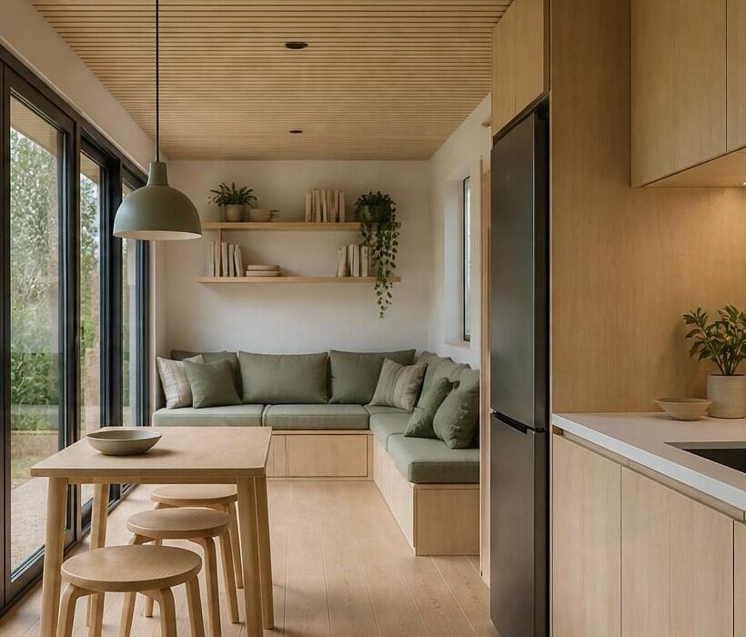 Sala com sofá em L e prateleiras